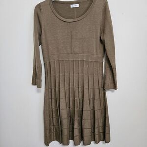 Calvin Klein Knit Sweater Dress Fit&Flare 3/4 Sleeves Lt Brown Tan Windowpane M